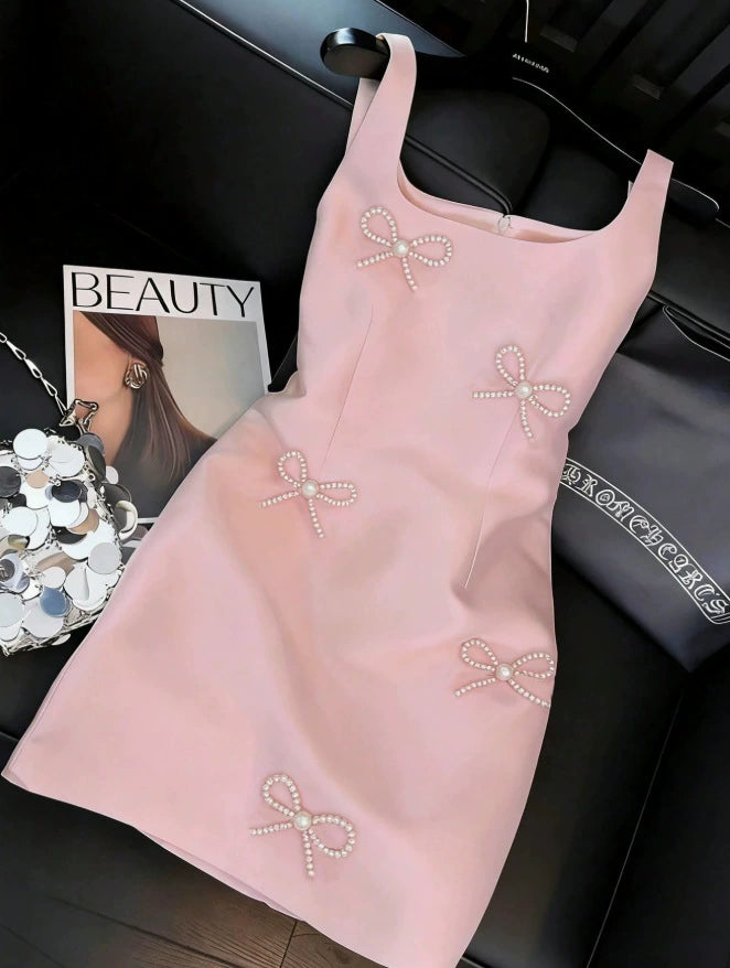 2026 European and American New Style Satin Square Neck Strap Short Dress with Handmade Pearl Bow Decoration Slim Fit Bodycon Dress