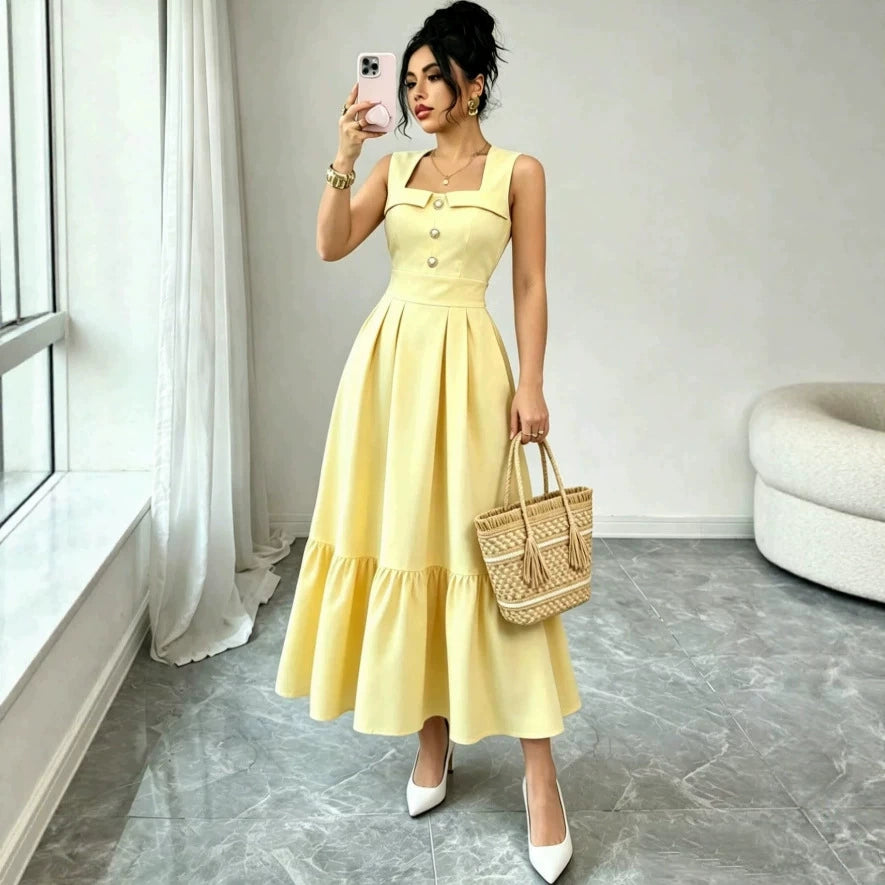 2026 New European and American Style Cream Yellow Square Neck Sleeveless Dress with Pearl Buttons, Waist-Cinching and Pleated Mid-Length Skirt