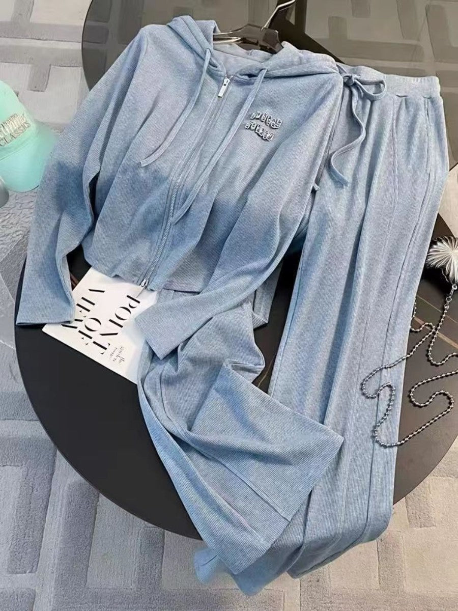 Cross-Border Salt Style Casual Sports Suit for Women, Spring Style, Age-Reducing and Slimming Hooded Sweatshirt, Wide-Leg Pants Two-Piece Set