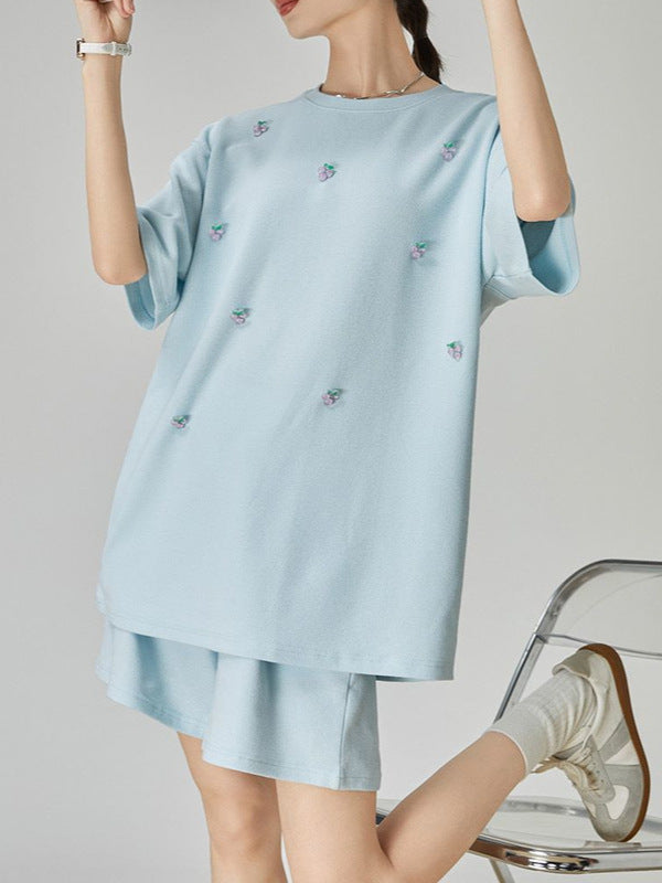 Baby Blue Grape Beaded Casual Sports Suit Women's Summer 2025 New Shorts T-Shirt Two-Piece Set Trendy