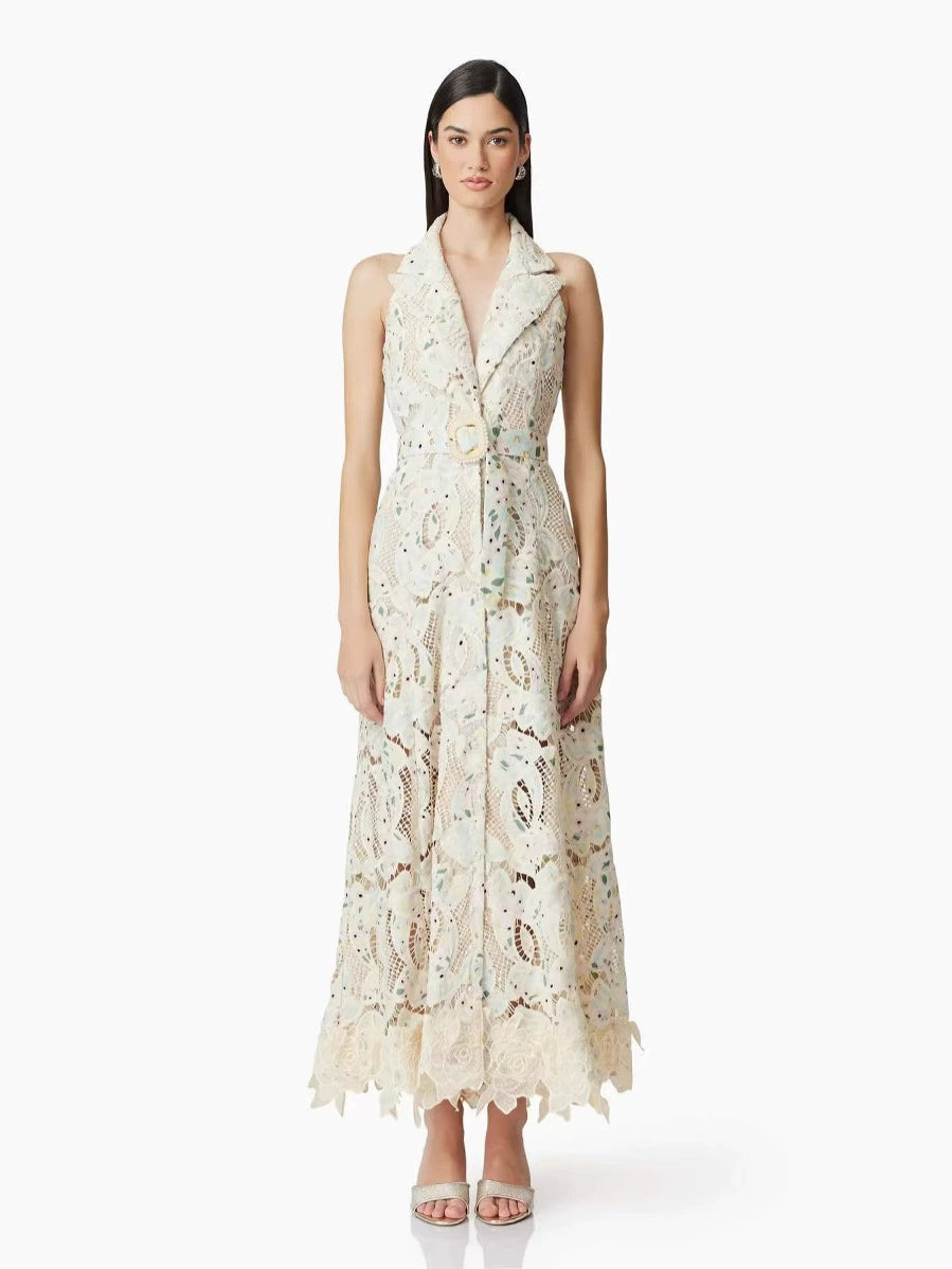 PAPARAZZI CLOSET French Fashion Elegant Lace Hollow Hook Dress Waist Sleeveless Wavy Edge Cardigan Long Skirt