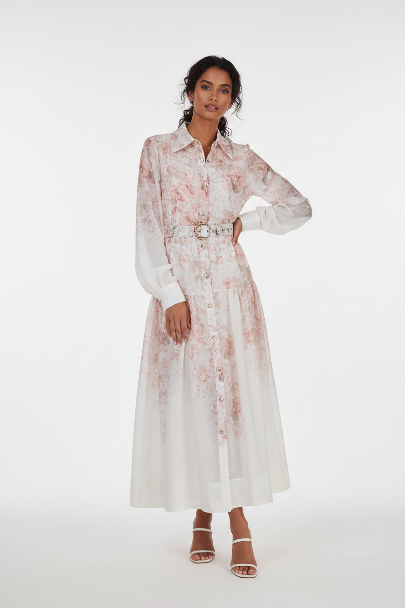 European and American Style Long-Sleeve Dress with a Wide Hem, Belt, Single-Breasted Design, and Printed Pattern, Suitable for the Beach in Sanya