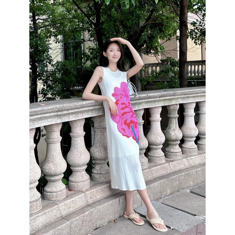 Miyake Dress, Pleated Skirt, Loose and Slimming Look, Ladylike Elegant, Sleeveless Round Neck, High-End Dress, Long Skirt