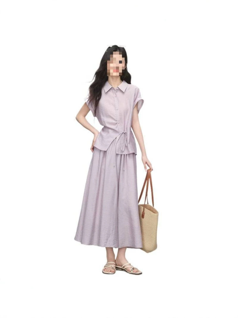 Xishijie Gentle and Sophisticated Style Purple Outfit Summer Women's Lightweight Linen Shirt and Cropped Skirt Pants Two-Piece Set