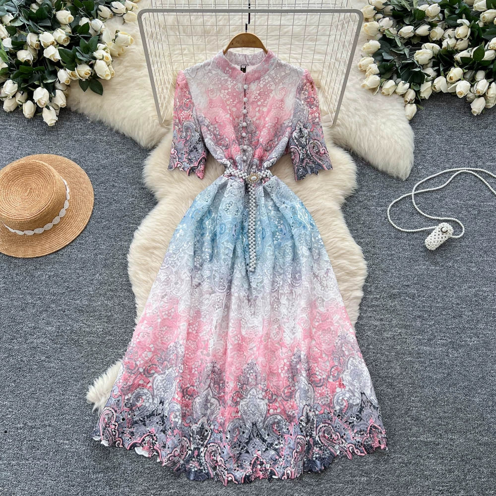 Cross-Border Style Elegant Dress for Women with a High-End Feel, Tie-Waist, Five-Quarter Sleeves, Hollow-Out Crochet Lace, Printed Large Hem Long Dress