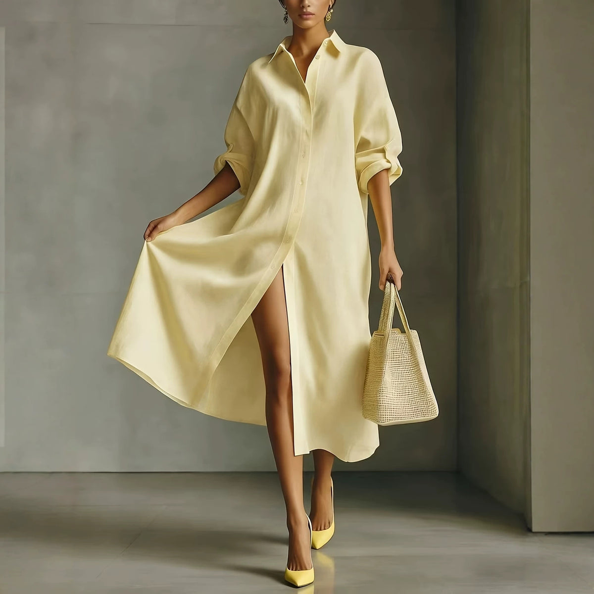 Enchanted 2026 European-Style Oversized Linen Long-Sleeve Shirt Dress with Rolled Cuffs and Side Slits