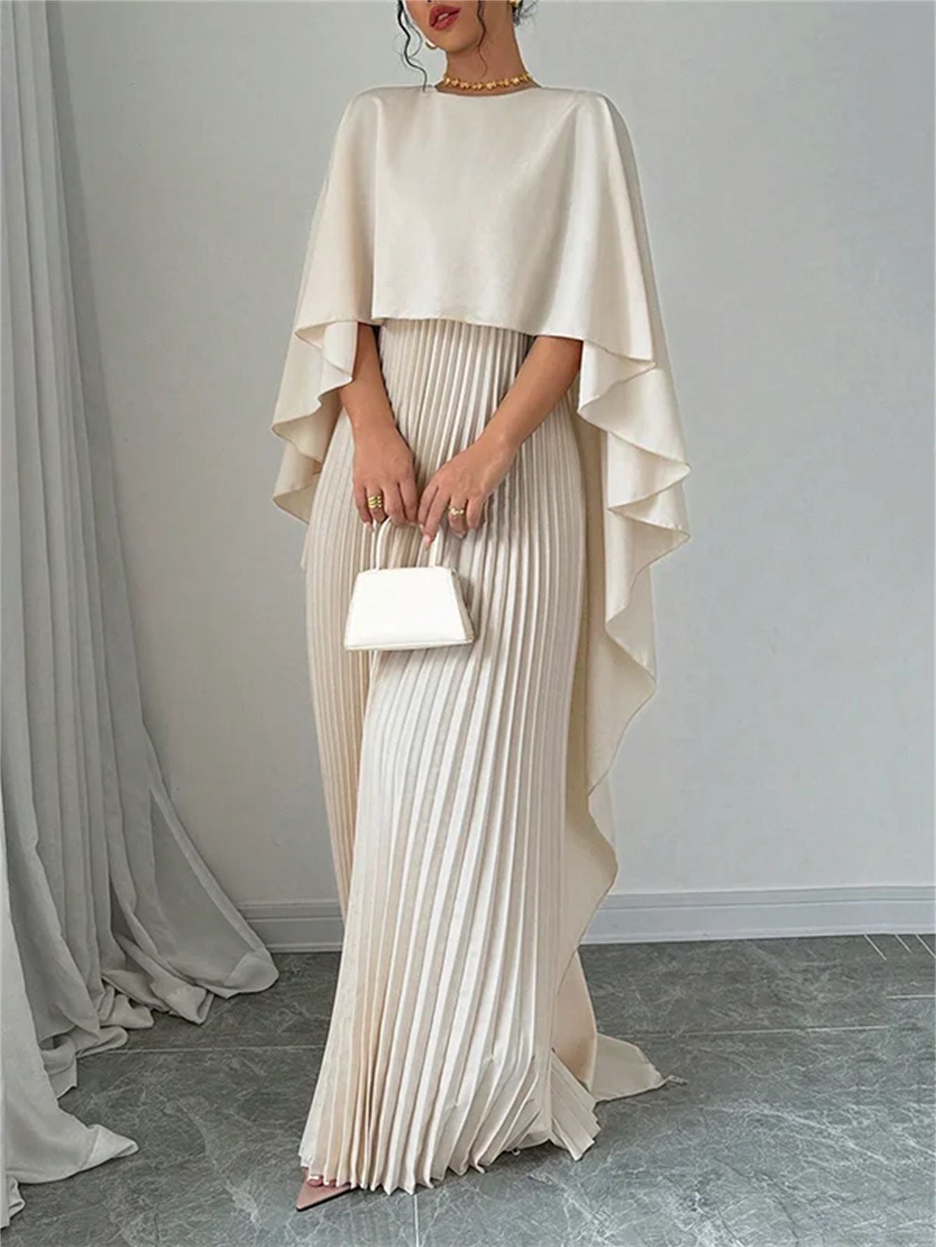 Amazon 2025 New European and American Fashionable Loose Bat-Sleeve Pleated Asymmetrical Elegant Dress for Women