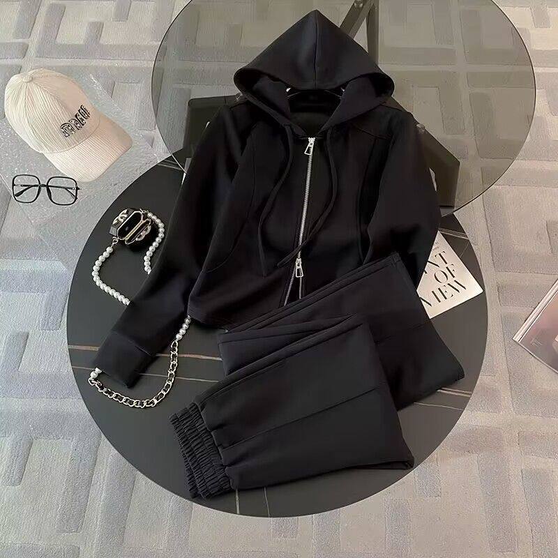 Elegant Casual Sports Suit for Women, Spring and Autumn Thin Style, Slim-Fit Long-Sleeve Hooded Sweatshirt, Wide-Leg Pants, Two-Piece Running Set