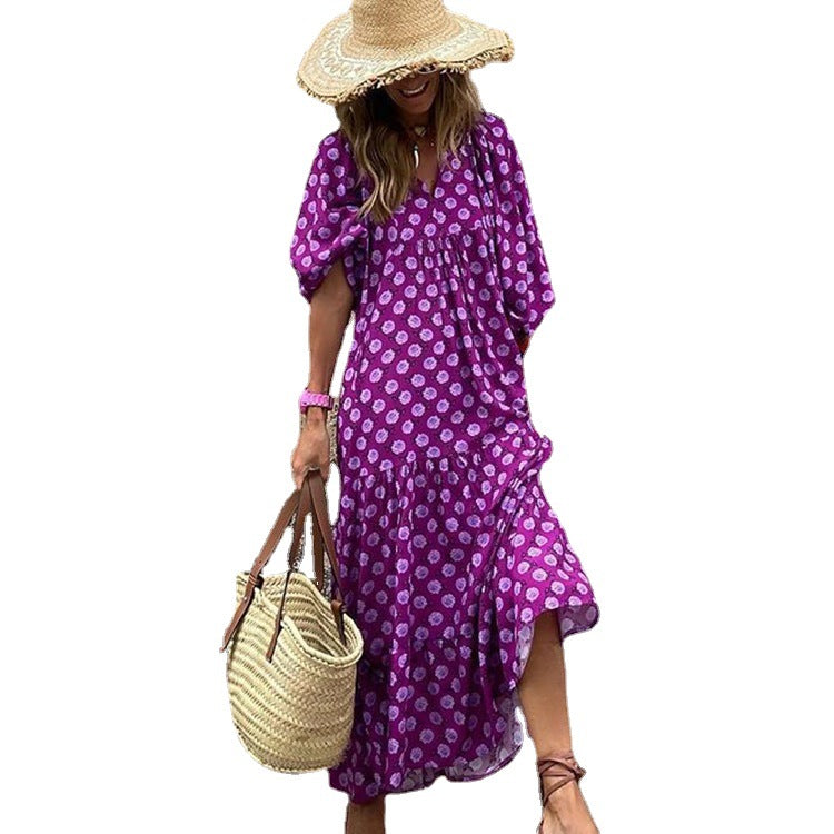 2023 Autumn New Independent Station Best Selling Geometric Print Puff Sleeve Dress Street Street Street Plus Size Women's Clothing