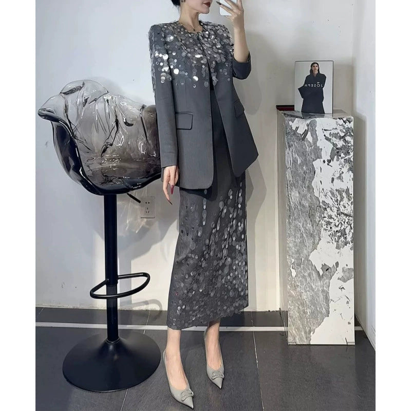 2026 Spring and Autumn New Fashion Set with a Stylish Design, Sequined Loose Round Neck Blazer and Skirt Two-Piece Trendy Set