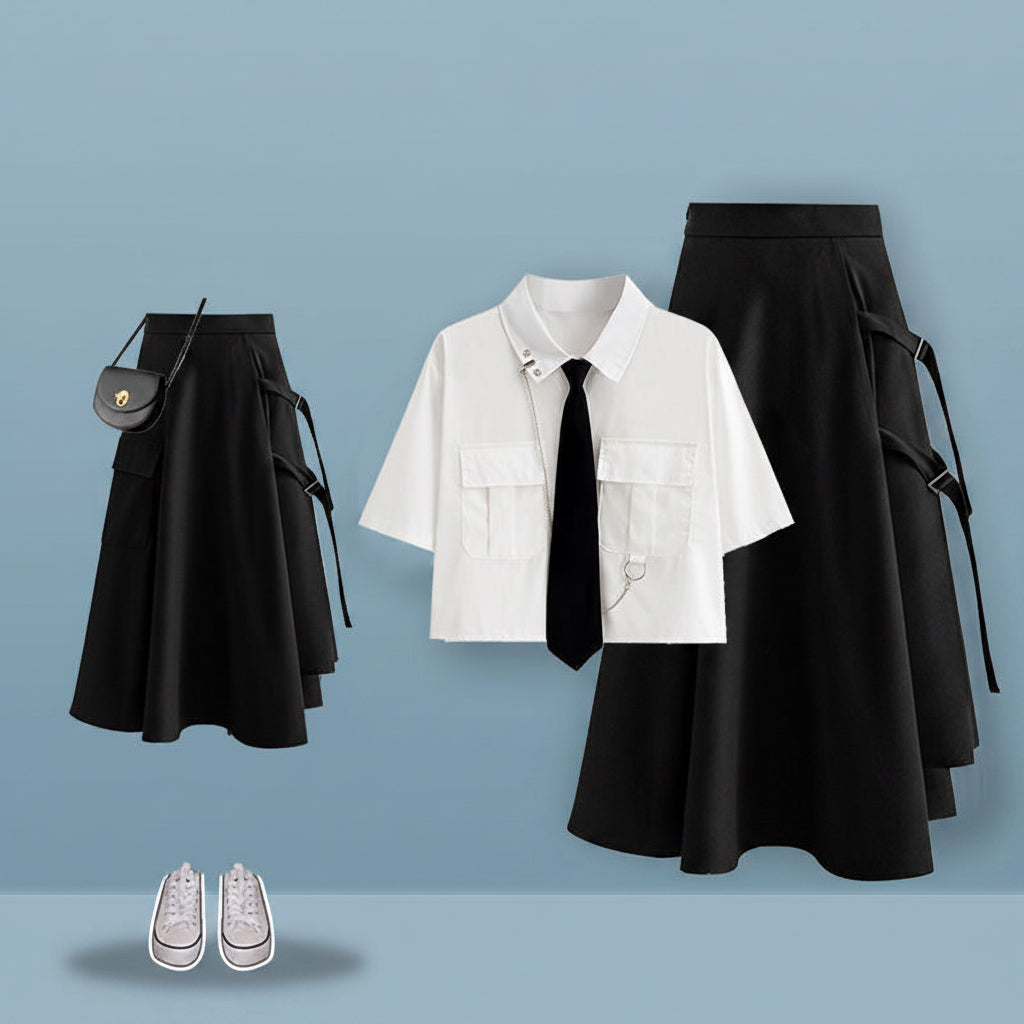 2022 Summer Sweet Cool suit Female Student Korean Loose Design Sense Work Shirt Skirt Two-piece Set Trendy