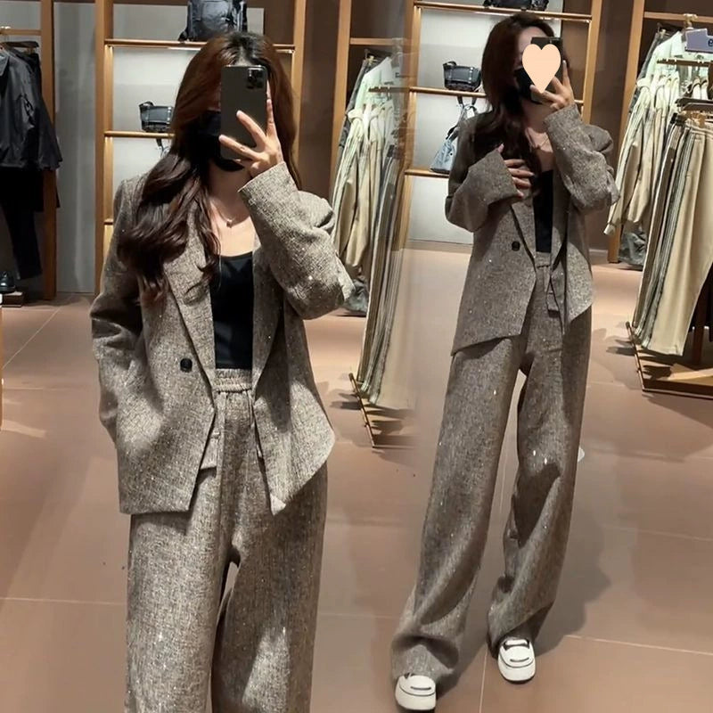 Fashionable Women's Autumn New Style Chanel-Inspired Slim-Fit Blazer and Wide-Leg Pants Two-Piece Set in Black