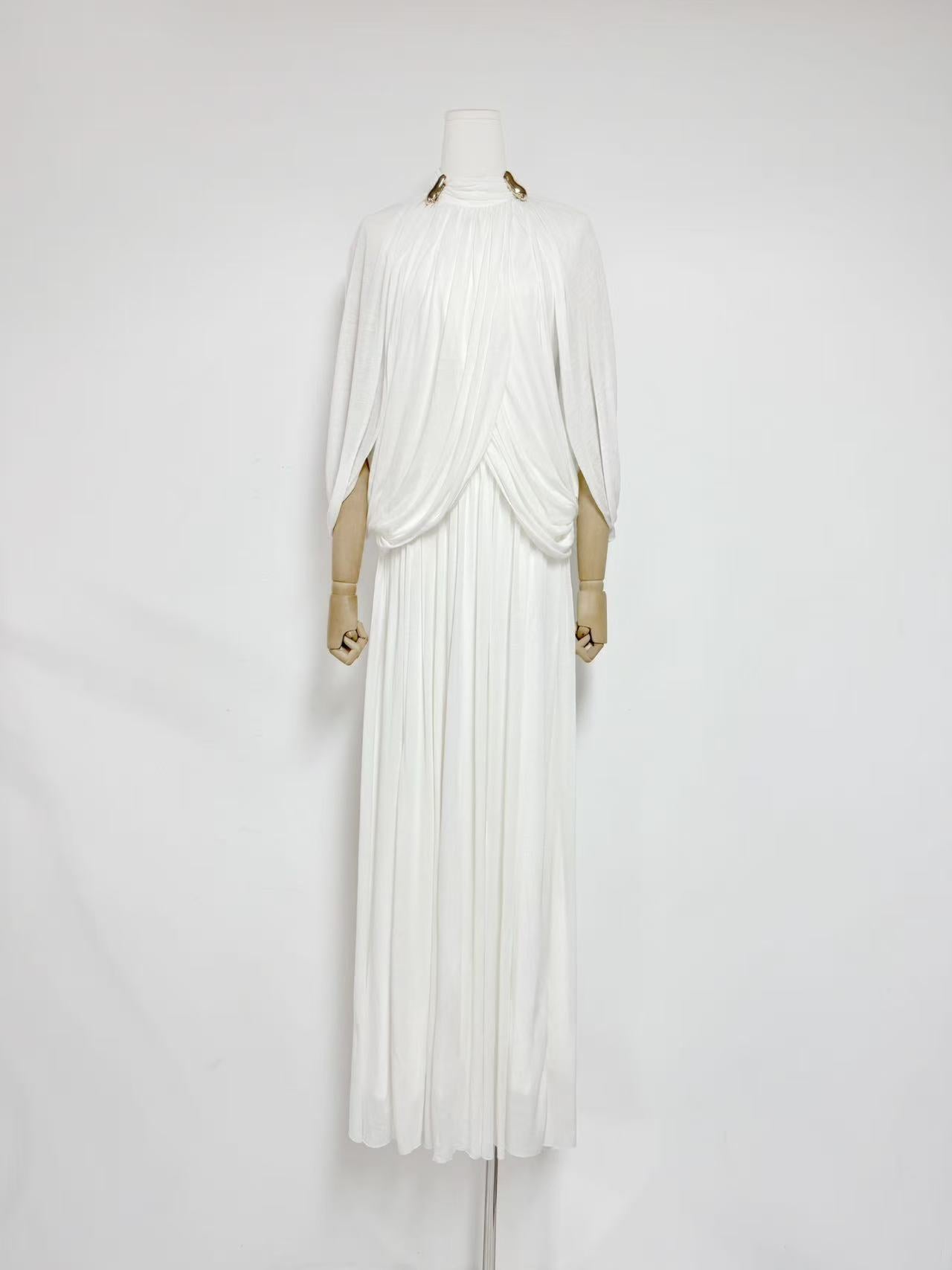 European and American Foreign Trade Cross-Border 2025 Autumn New Style Stand Collar Elegant Solid Color Pleated Knit Long Dress