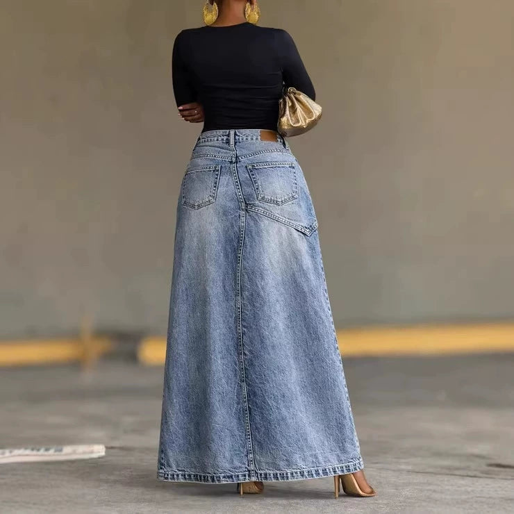 2026 Summer New European and American Cross-Border High-Waisted Irregular Slit Denim A-Line Long Skirt, Unique and Fashionable