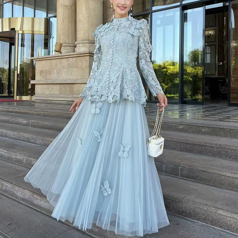 Disney-Inspired Enchanted Lace Ensemble: Elegant Bow-Embroidered Top & Mesh Skirt