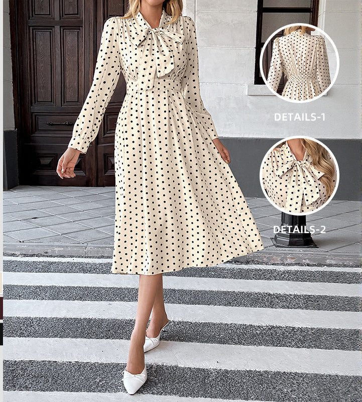 【Bai Fen Zhi Yi】Temu Cross-Border 2025 Autumn New Vintage Style Bow Collar Long Sleeve Polka Dot Dress