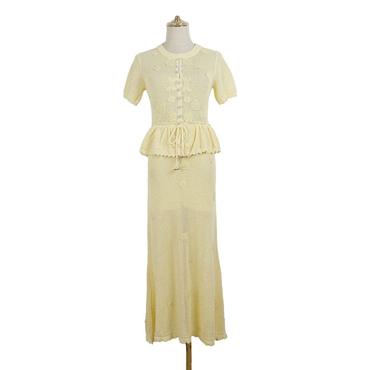 Hollow Knit Two-Piece Look Dress for Women, Summer Crochet Floral Pearl Button Waist-Cinching Drawstring Pendant Ruffle Mid-Length Dress
