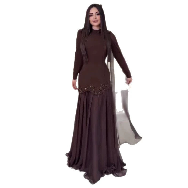 2026 New Women's Fashion European and American Amazon Cross-Border Foreign Trade Dark Brown Waist-Cinching Elegant Rhinestone-Embellished Dress Set