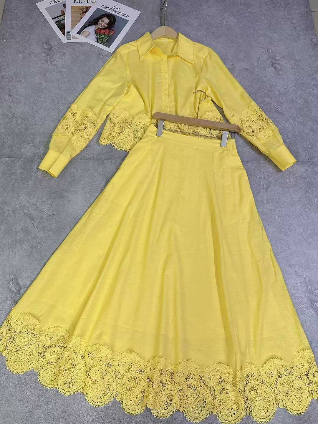 Long-Sleeved Shirt and High-Waisted Skirt Set, Spring and Autumn Solid Color Hollow-Out Patchwork, European and American Niche Designer Style, Elegant and Graceful