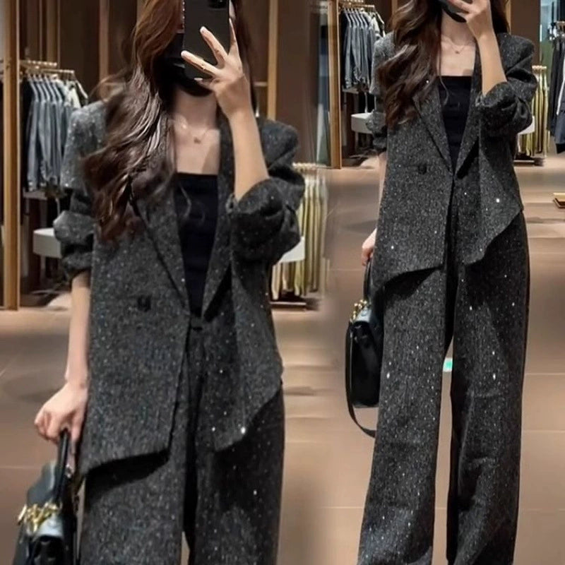 Fashionable Women's Autumn New Style Chanel-Inspired Slim-Fit Blazer and Wide-Leg Pants Two-Piece Set in Black