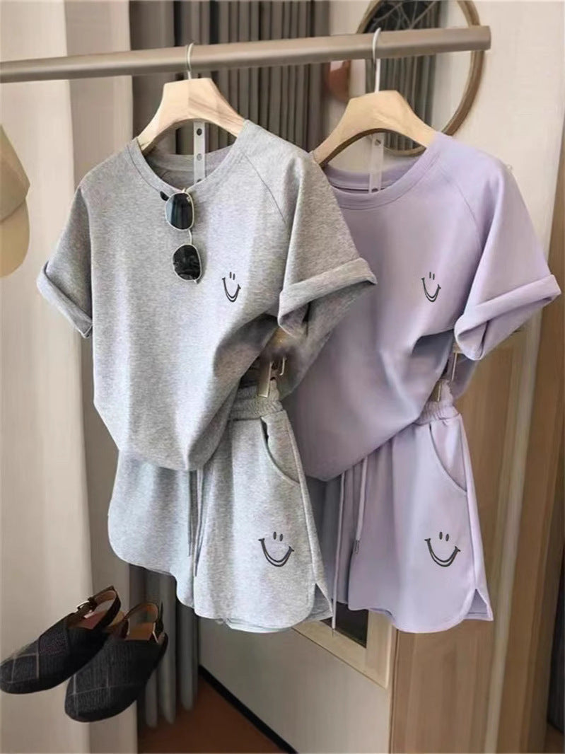 Cross-Border Smiling Face Printed Short-Sleeved Shorts Casual Sports Suit Women's Slim and Loose Korean Style Student Two-Piece Trendy Set