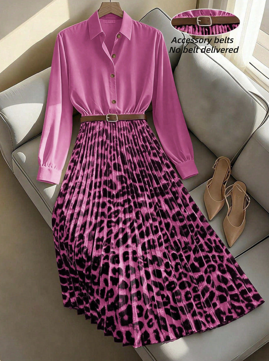 In-Stock 2026 New Cross-Border Dropshipping Women's Elegant Leopard Print Patchwork Pleated Skirt H Version Waist-Slimming Dress