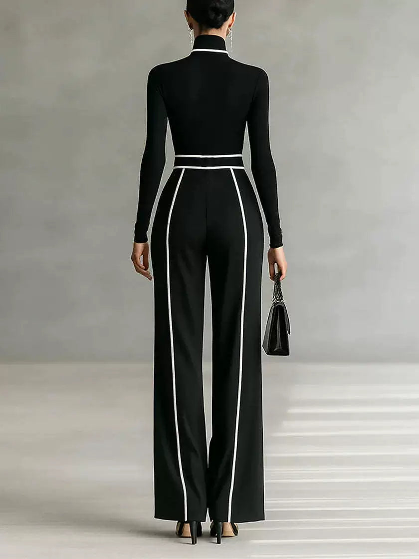 2025 New Autumn and Winter Elegant Stand-Up Collar Contrasting Color Hemming Waist Slimming Look Long-Sleeved Knitted + Wide-Leg Pants Two-Piece Set