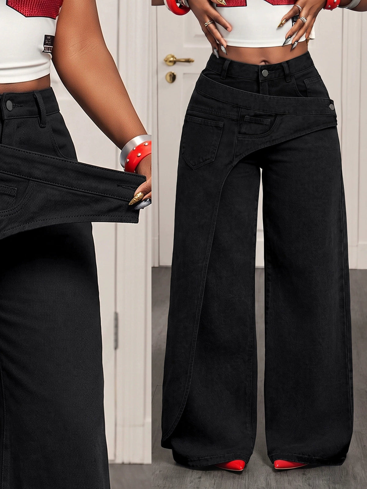 X-Spot Goods-66537 # Amazon Cross-Border European and American Versatile Casual Irregular Women's Wide-Leg Jeans Long Pants