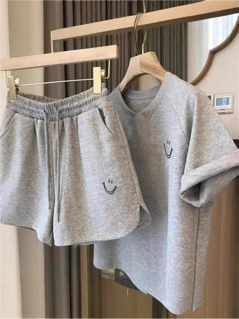 Cross-Border Smiling Face Printed Short-Sleeved Shorts Casual Sports Suit Women's Slim and Loose Korean Style Student Two-Piece Trendy Set