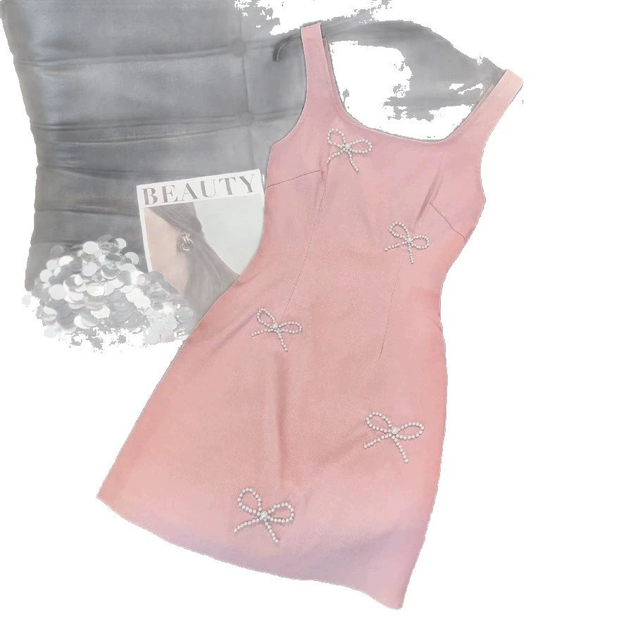 2026 European and American New Style Satin Square Neck Strap Short Dress with Handmade Pearl Bow Decoration Slim Fit Bodycon Dress