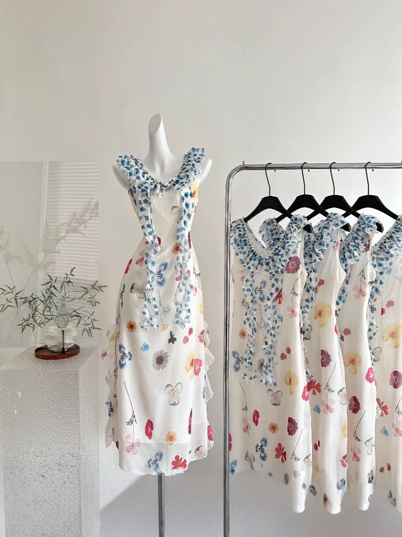 『Xin Xing』A Sweet Peach Yikett Garden Print Dress for Women, a Beautiful Dopamine Mini Dress for Summer