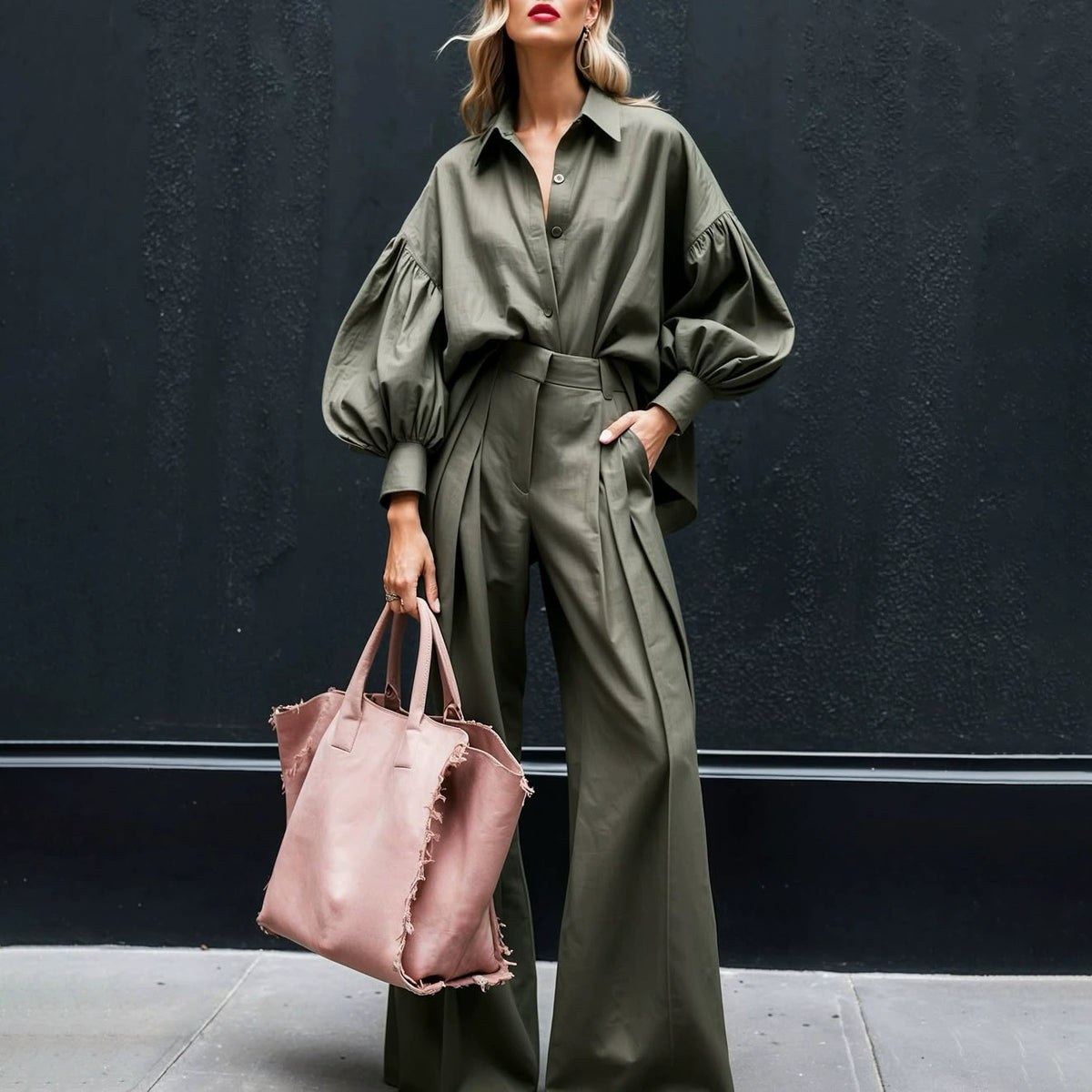 Fd2205 In-Stock 2025 Autumn New Cross-Border Solid Color Long Sleeve Shirt Wide-Leg Pants Fashion Cotton Linen Two-Piece Set