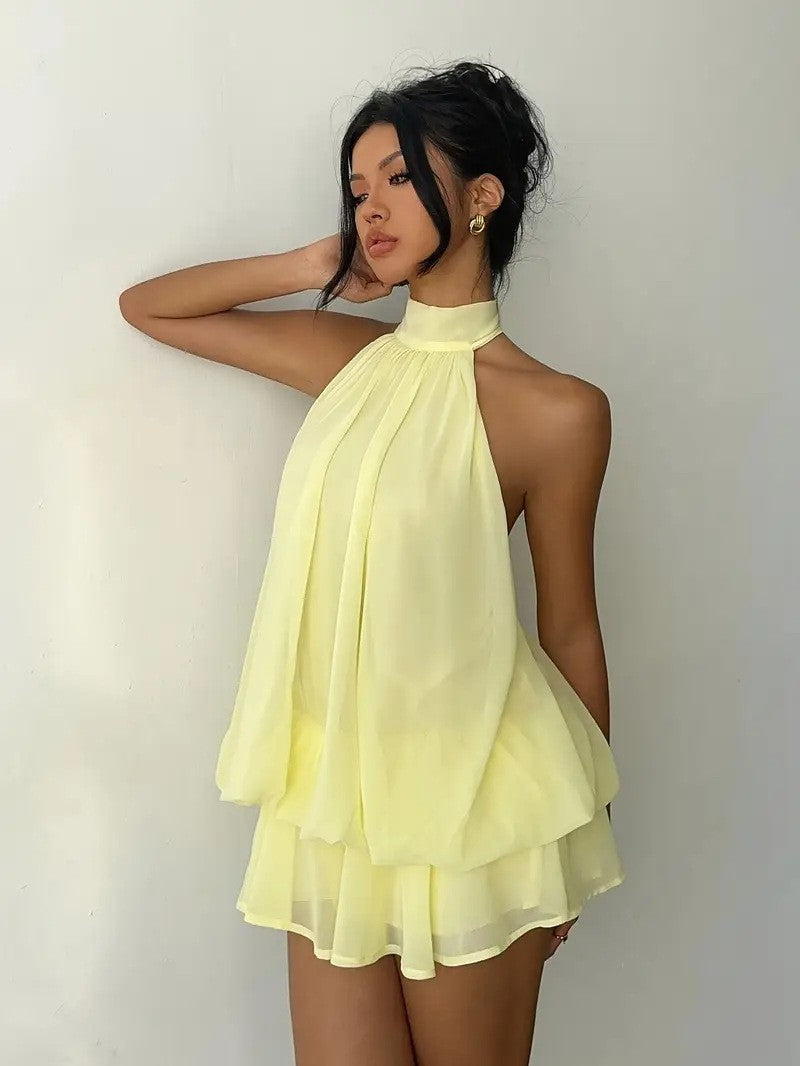Dress for Island Vacation, Sexy Sanya European and American Style Tea Break Dress, Wide-Neck Chiffon Short Seaside Vacation Dress