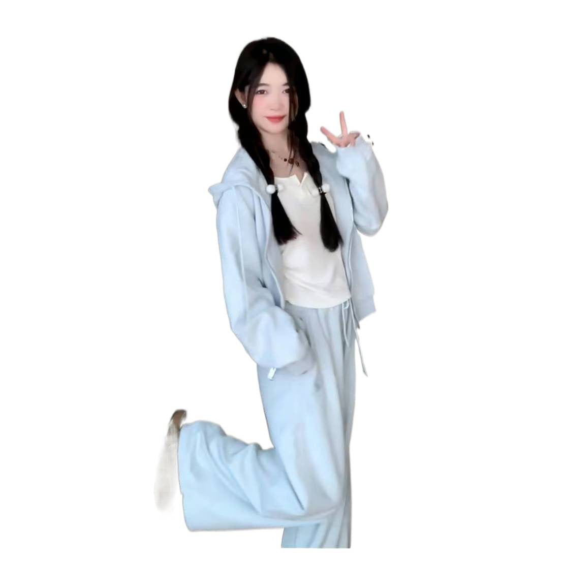 2026 New Stylish and Elegant Outfit Set for Women, Early Spring Blue Age-Reducing Casual Sports Sweatshirt Two-Piece Set