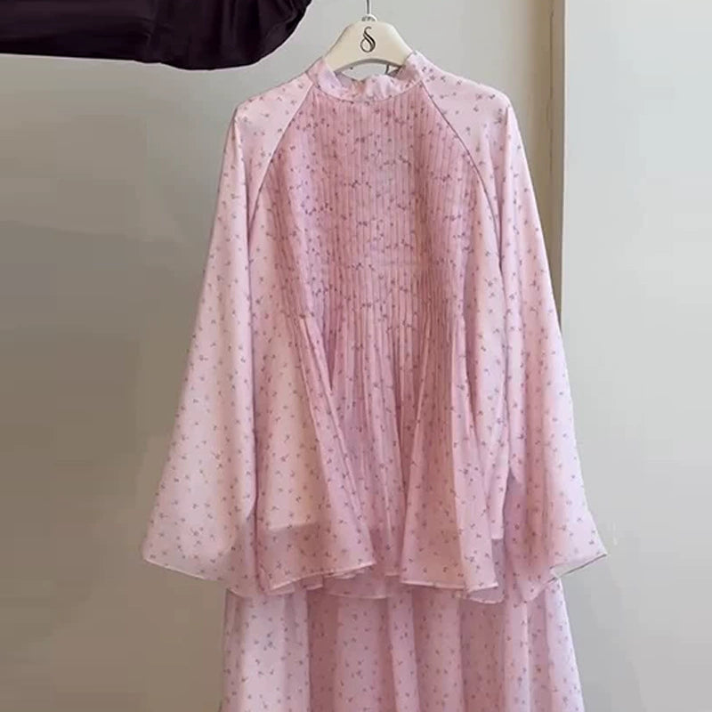 2026 New Women's Clothing European and American Amazon Cross-Border Foreign Trade Patchwork Pink Floral Loose Chiffon Elegant Set