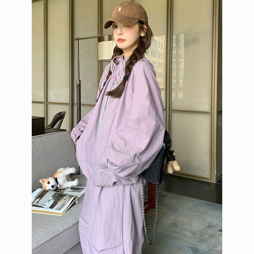 Fashionable and Stylish Sports Suit for Women, Summer Purple Lazy Style Sun Protection Jacket, Jacket and Trousers, Casual Two-Piece Set