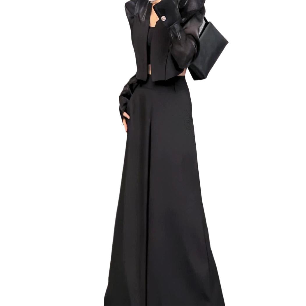 New Style Long-Sleeved Sun Protection Short Jacket for Women, Spring Fashion New High-Waisted Slimming Wide-Leg Pants and Skirt Two-Piece Set