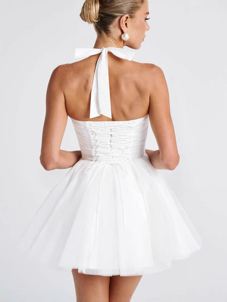 Sweet Fishbone Halterneck Lace-Up Dress for Women 2023 Summer New Style Personalized Lace Splicing Waist Tutu Skirt