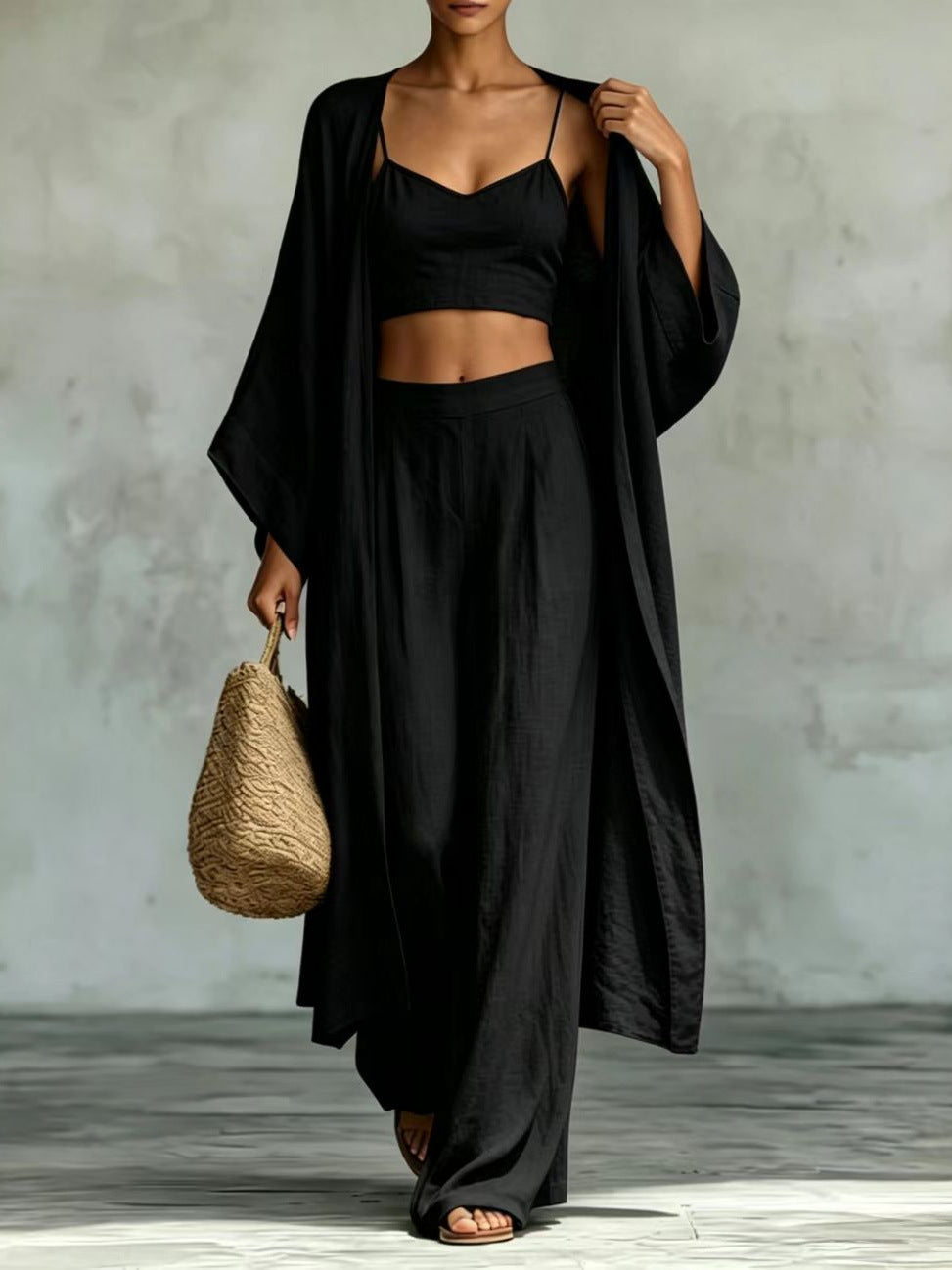 Enchanted Summer Elegance: Premium Cotton-Linen Three-Piece Set with Cardigan, Suspender Top, and Wide-Leg Trousers