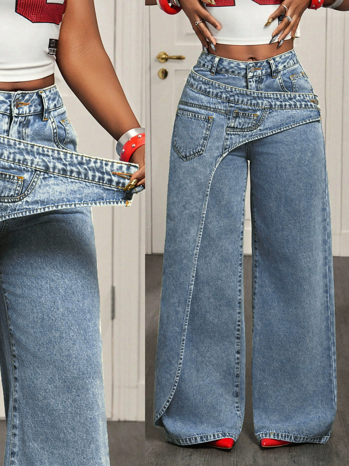 X-Spot Goods-66537 # Amazon Cross-Border European and American Versatile Casual Irregular Women's Wide-Leg Jeans Long Pants