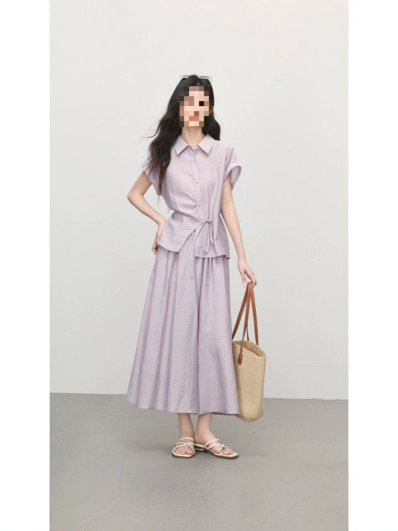 Xishijie Gentle and Sophisticated Style Purple Outfit Summer Women's Lightweight Linen Shirt and Cropped Skirt Pants Two-Piece Set