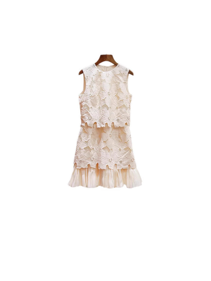 S Brand Summer New French Niche Heavy Floral Hollow-Out Patchwork Faux Two-Piece Round Neck Sleeveless Straight Dress