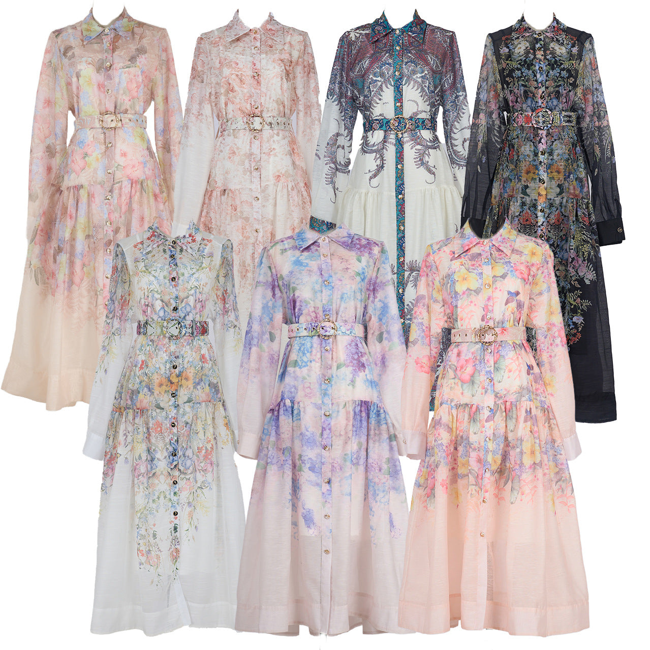 European and American Style Long-Sleeve Dress with a Wide Hem, Belt, Single-Breasted Design, and Printed Pattern, Suitable for the Beach in Sanya