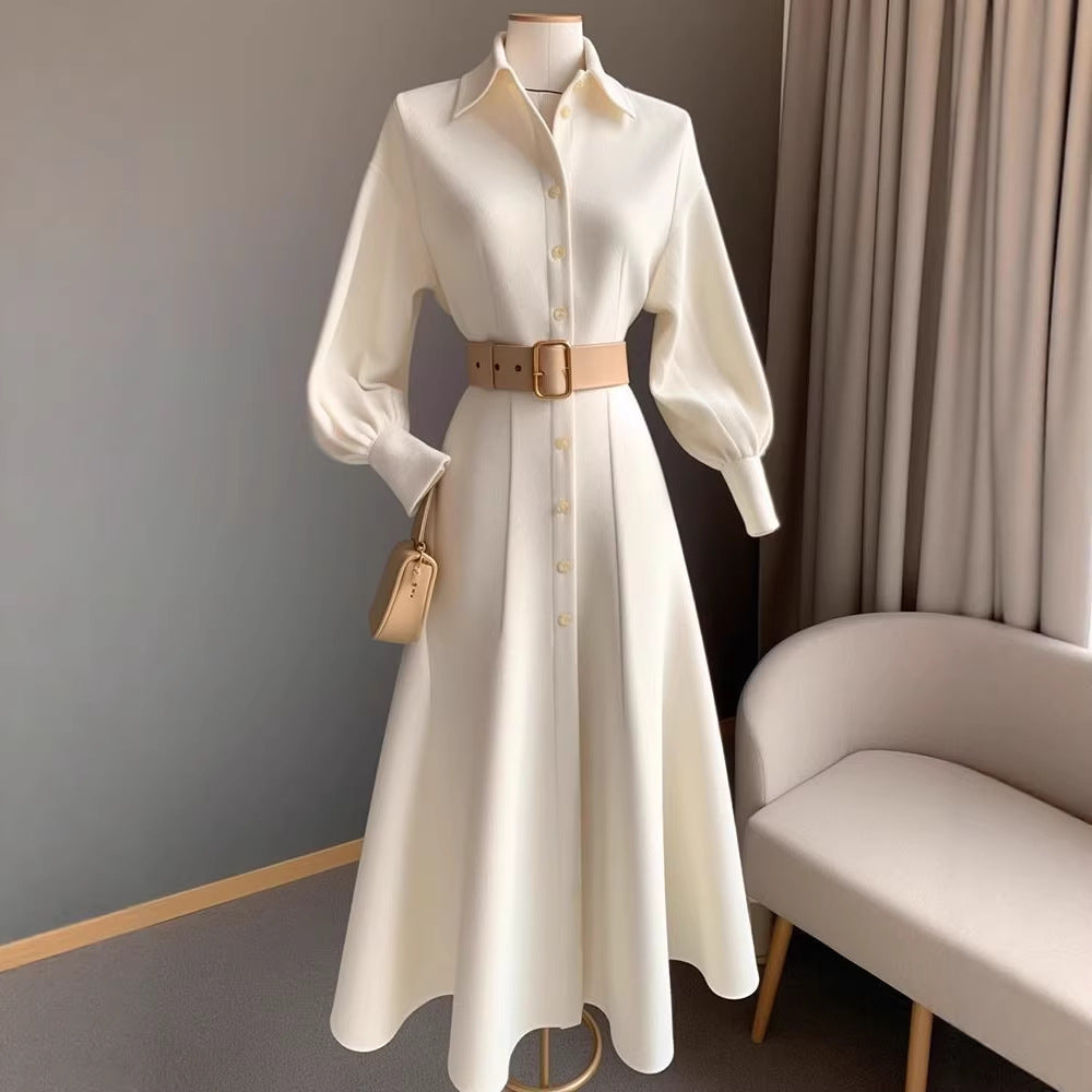 High-End, Stylish, and Fashionable White Dress for Commuting, Korean Style, New Autumn and Winter Model, Waist-Cinching, Slimming Shirt-Style A-Line Dress