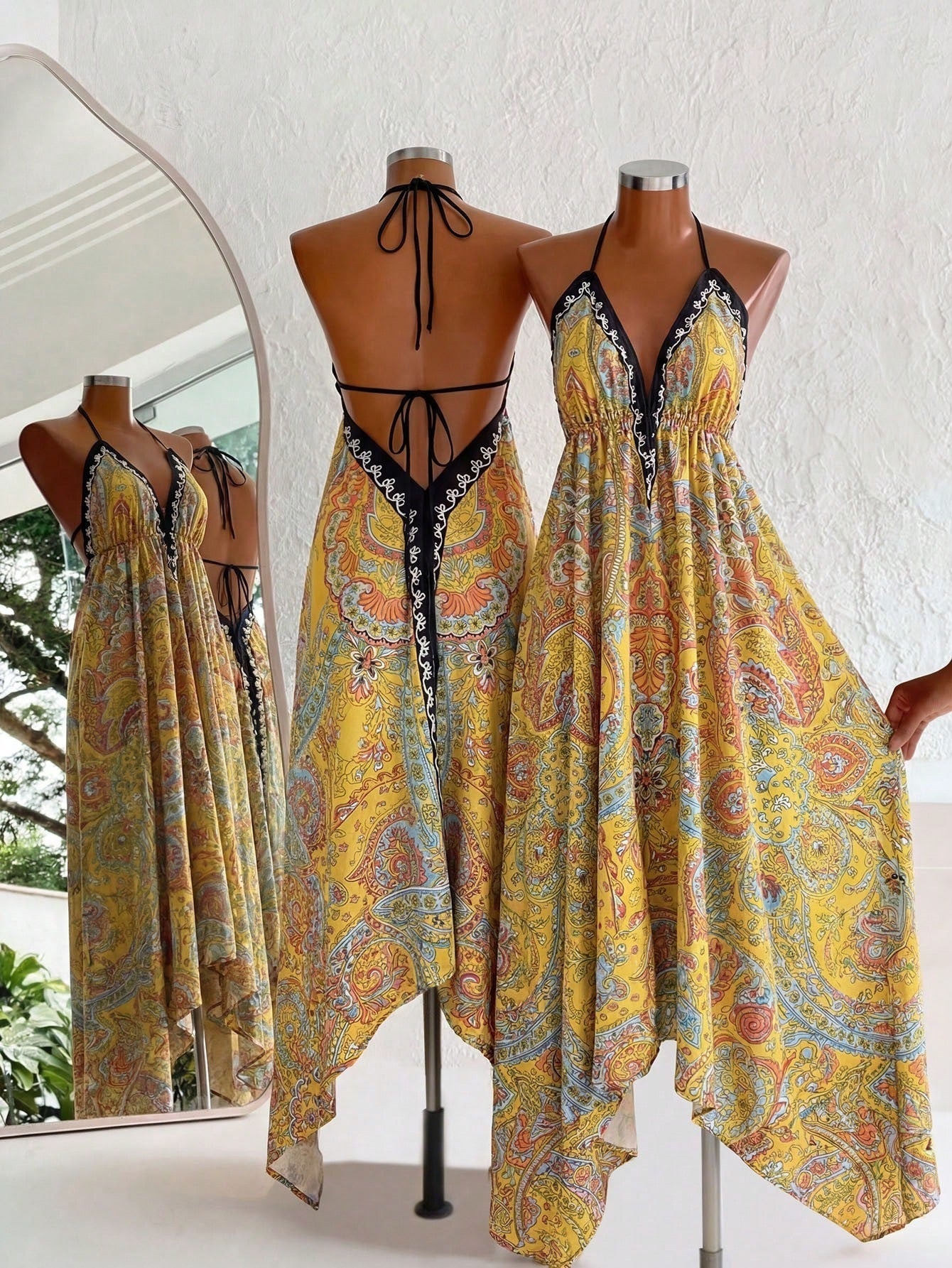 Retro Bohemian Style Suspender Deep V-Neck Long Dress High-Waisted Printed Summer Seaside Backless Dress Sexy