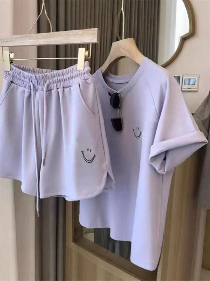 Cross-Border Smiling Face Printed Short-Sleeved Shorts Casual Sports Suit Women's Slim and Loose Korean Style Student Two-Piece Trendy Set