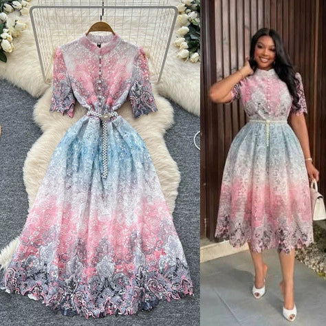 Cross-Border Style Elegant Dress for Women with a High-End Feel, Tie-Waist, Five-Quarter Sleeves, Hollow-Out Crochet Lace, Printed Large Hem Long Dress