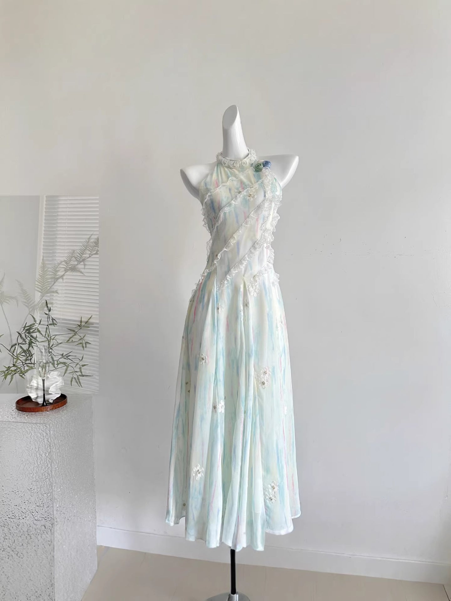 "Xinxing" Reese Jasmine Green Summer Fairy-Like Sweet Slimming Waist-Cinching Long Dress Vacation Style Slimming Dress