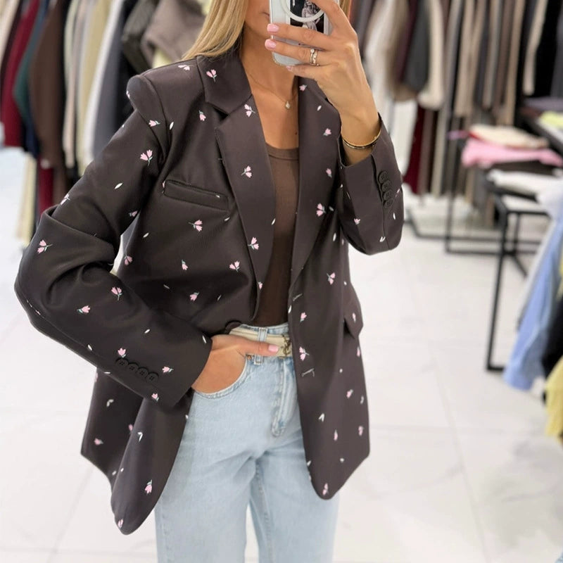European and American Cross-Border Women's Clothing 2025 New Autum Fashion Sweet Floral Lace-Up Slim Long-Sleeved Suit Jacket Top