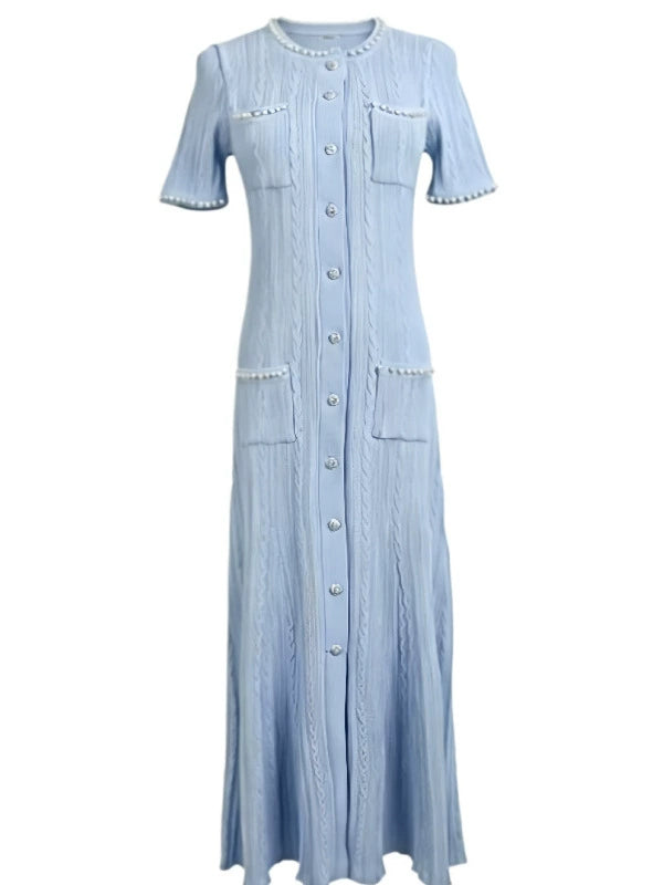 Cross-border French-style light luxury Chanel-inspired pearl round-neck knitted long dress, slim-fit, short-sleeved, fishtail dress